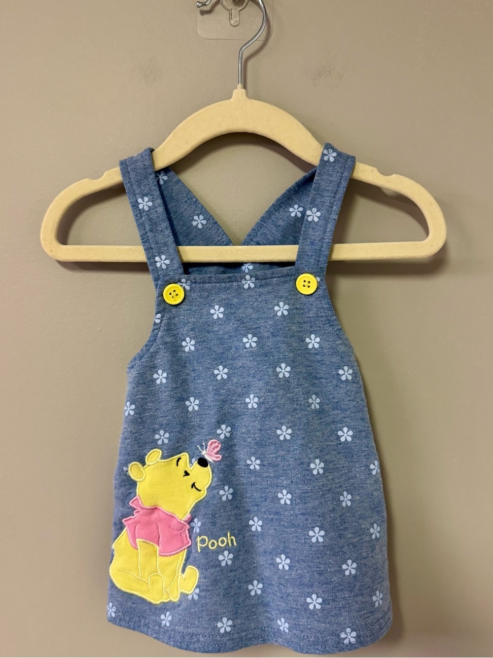 Disney Blue Floral Winnie the Pooh Overall Dress with Yellow Buttons